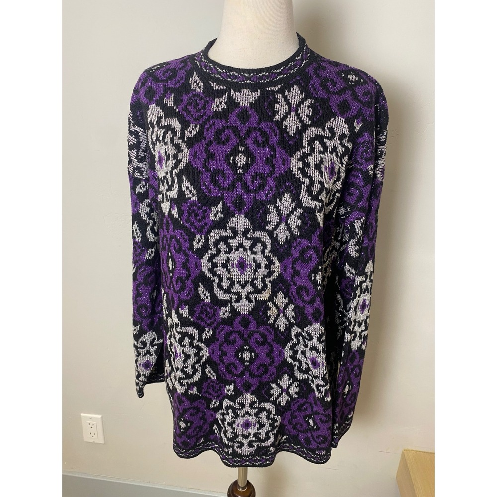 Vintage 90s Purple Black Silver Metallic Lurex Damask Knit Sweater Crewneck